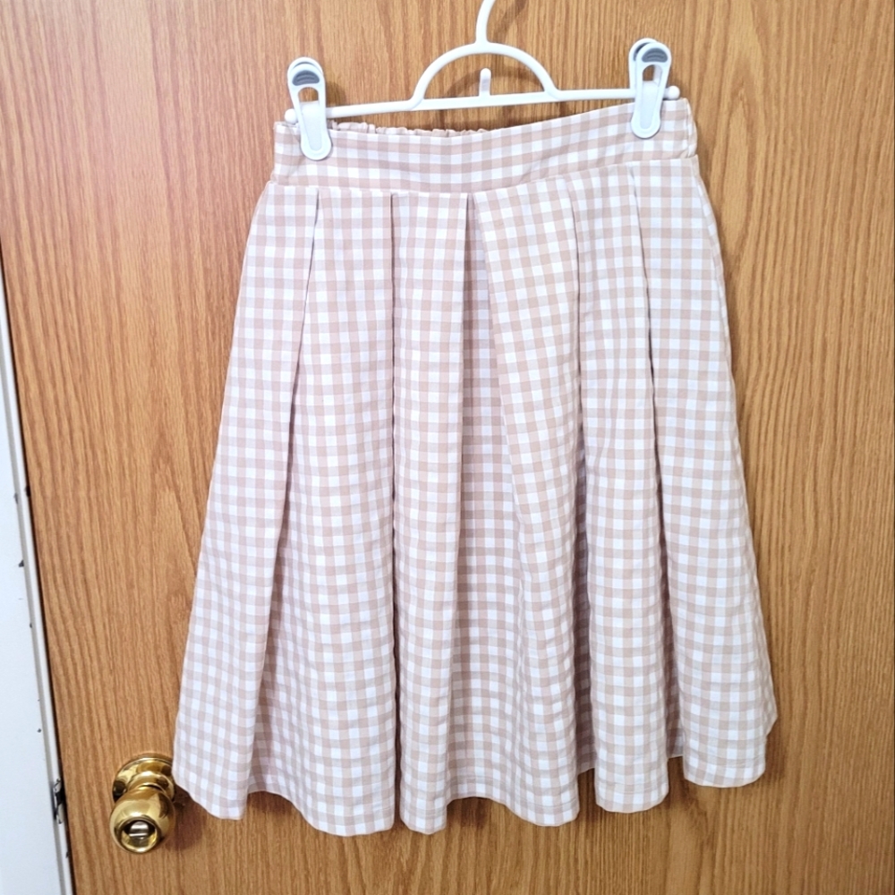 Tan Gingham Midi Skirt